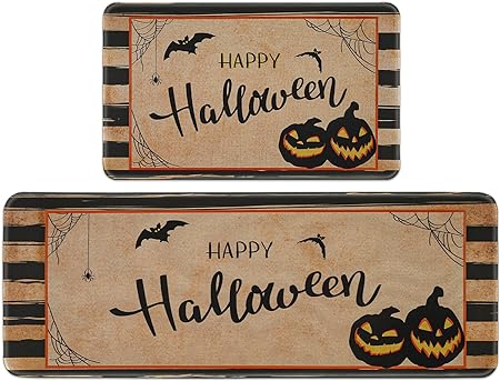 2 PCS Non Slip Halloween Decor Checkered Kitchen Floor Mats, 17x30 and 17x47 Inch