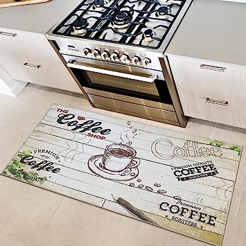Machine Washable Wrinkle Free Coffee Cup Design Cotton 2 x 5 Kitchen Runner Rug (20" x 59", Beige)