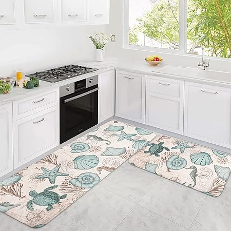 Set of 2,Coastal  Anti Fatigue Cushioned Non Slip,  Summer Nautical Kitchen Rugs, 17'' x 47'' + 17'' x 30''