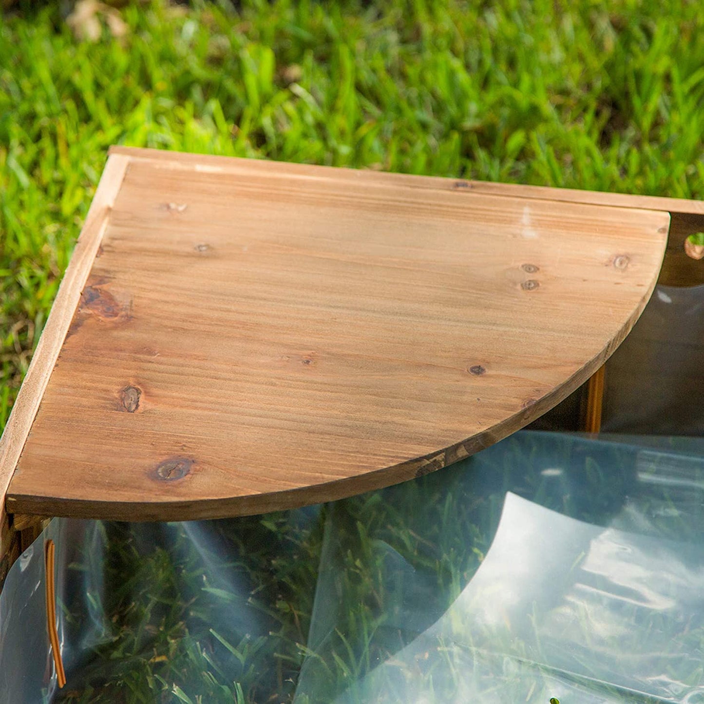 Wooden Backyard Sandbox with Built-in Corner Seating and Mesh Cover