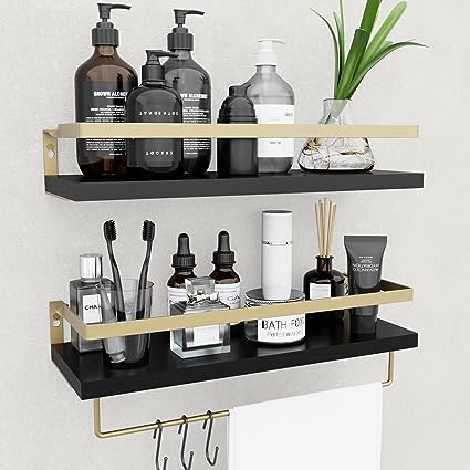 Home Decor Floating Shelves with Towel Bar/Hooks, (Gold-White)