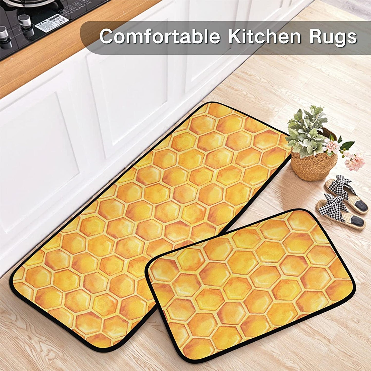 2 Pieces Honeycomb Beehive Wasp Bumblebee Anti Fatigue Kitchen Rug Set - 20"x28"+20"x47" 20"x28"+20"x47"