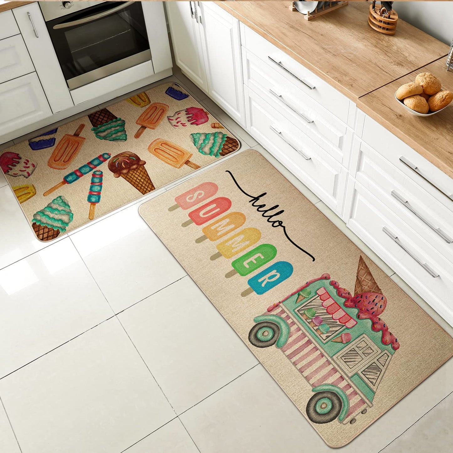 Set of 2 Hello Summer Ice Cream Truck Kitchen Rugs 17x29 and 17x47 Inch DM076