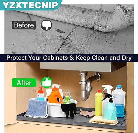 Waterproof, 34”x22”Or Smaller Cut to Fit Flexible Silicone Under Sink Liner with Drain Hole,
