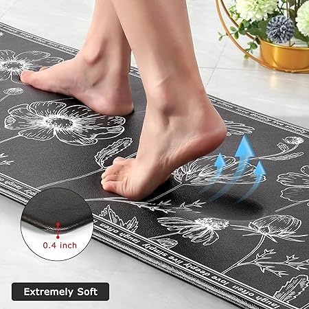 Set of 2 Cushioned Black Non-Slip Waterproof Kitchen Rugs, 17x29 and 17x47 Inch