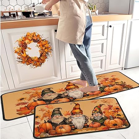 Non Skid Washable, Seasonal Fall Holiday Party Autumn Harvest Thanksgiving Kitchen Mat 17"x47"+17"x30"