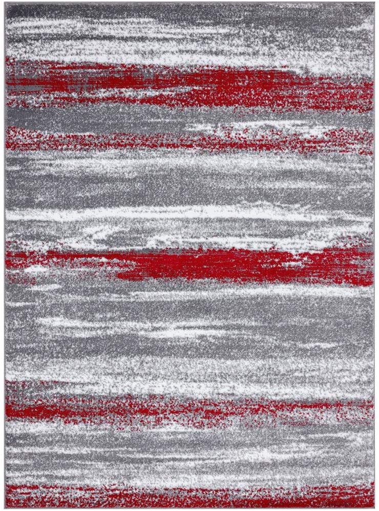 Modern Abstract Soft Ivory Grey Red Area Rug