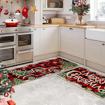 Christmas Farmhouse Truck Red Buffalo Plaid Christmas Kitchen Decor, 17"x27+17"x47"