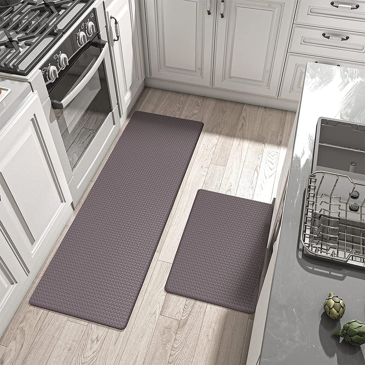 Kitchen Rugs and Mats Cushioned Anti Fatigue Comfort Mat, 2 Pieces Set 17"x29"+17"x59",Beige White