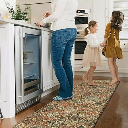 Sets 2 Piece,Cushioned Anti-Fatigue Anti Skid Crimson Tile Waterproof Kitchen Rug, 17.3"x30"+17.3"x59"