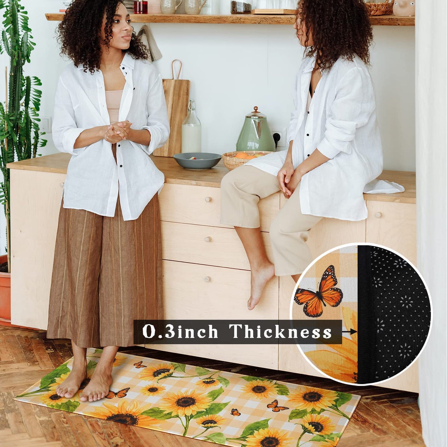 Set of 2- Plant Floral Butterfly Kitchen Rugs with Runner Decor Accessories Things - 17x30 and 17x48 Inch