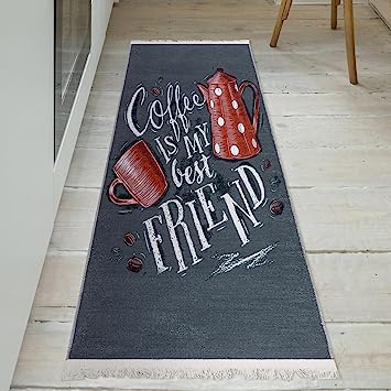 Machine Washable Wrinkle Free Coffee Cup Design Cotton 2 x 5 Kitchen Runner Rug (20" x 59", Beige)