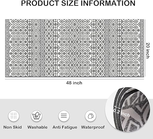 Boho Vintage Tebriz Non Slip Washable Cushioned Waterproof Rugs for Kitchen, 20 x 48
