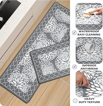 Set 2 Pieces,0.4 Inches Thick Non Slip Kitchen Rugs and Mats Teal Wood Cushioned Anti Fatigue Floor Mat Waterproof Comfort Standing Runner Sink Rug,17.3 x 28+17.3 x 47 Inch