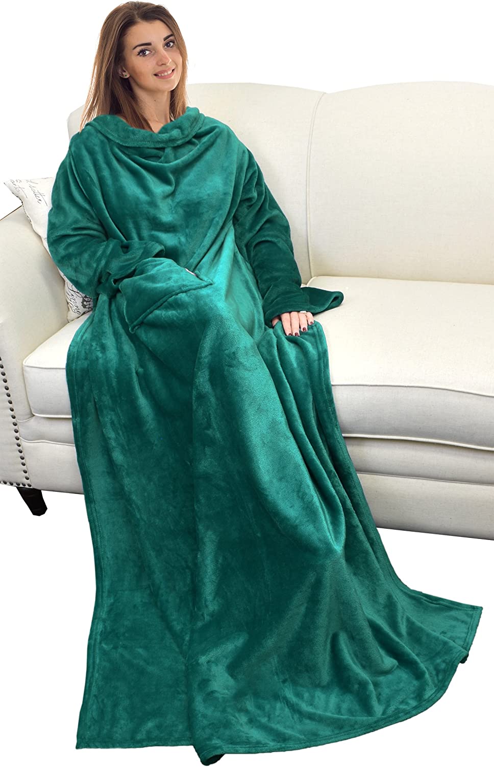 Wearable Blanket with Sleeves and Pocket, Cozy Soft Fleece Mink Micro Plush Wrap Throws Blanket Robe for Women and Men 73" x 51"