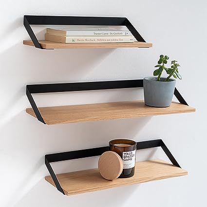 Finn- | 3 Part Floating Shelf Set Made of Metal and Real Wood Veneer