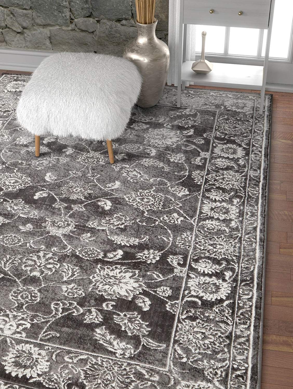 Modern Distressed Persian Design Grey Ivory Area Rug
