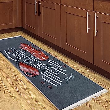 Machine Washable Wrinkle Free Coffee Cup Design Cotton 2 x 5 Kitchen Runner Rug (20" x 59", Beige)