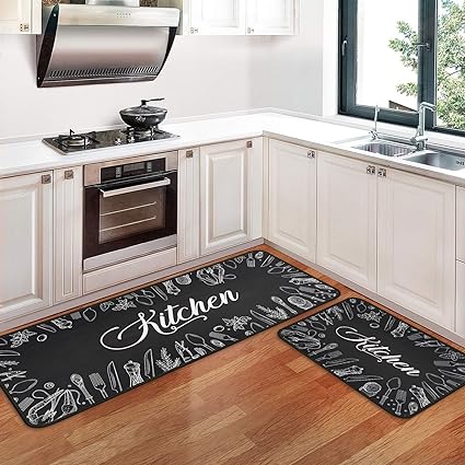 Non Skid Washable Black Kitchen Mat Soft Super Absorbent Anti Fatigue Kitchen Mat Runner Set Doormat Bathroom 17"x47"+17"x30", 2 PCS