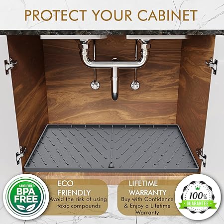 Waterproof  Designed in USA - Under Sink Mat for Bottom of Kitchen Sink Cabinets (Black) - 100% BPA Free, 34" x 22" x 1"