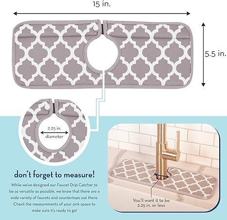 Microfiber Kitchen Faucet Sink Mat Drip and Splash Catcher with Snap Fastener, Absorbent and Reversible, 15 Inch x 5.5 Inch, White Trellis