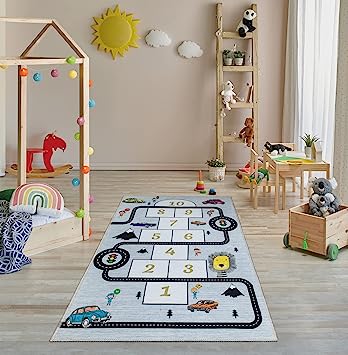 Machine Washable Wrinkle Free Abstract Hopscotch Design Cotton 3x6 Kid's Area Rug