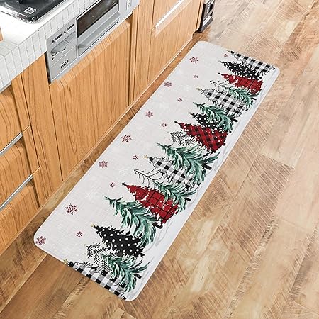 Set of 2 Anti-Fatigue Black and Green Gray Buffalo Xmas Tree Non-Slip  Runner Rug, 16x24n+16x47in