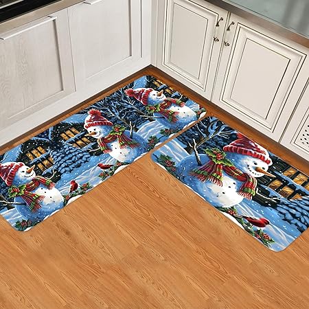 Set 2 Pieces Cute Santa Claus Decor Red Black Buffalo Plaid Non Slip Washable  Kitchen Rugs, 15.7" x 23.6"+15.7" x 47.2"