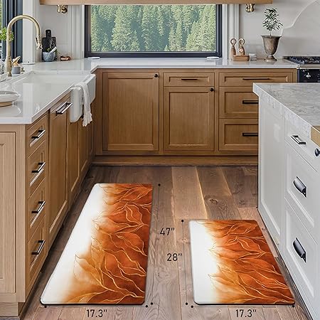 Waterproof Non Slip Burnt Orange Gold Leaf Line Modern Cushioned Anti Fatigue Kitchen Floor Mat Set 2 PCS,