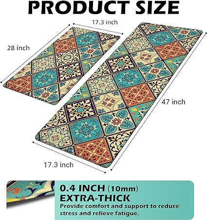 Set 2 Pieces,0.4 Inches Thick Non Slip Kitchen Rugs and Mats Teal Wood Cushioned Anti Fatigue Floor Mat Waterproof Comfort Standing Runner Sink Rug,17.3 x 28+17.3 x 47 Inch