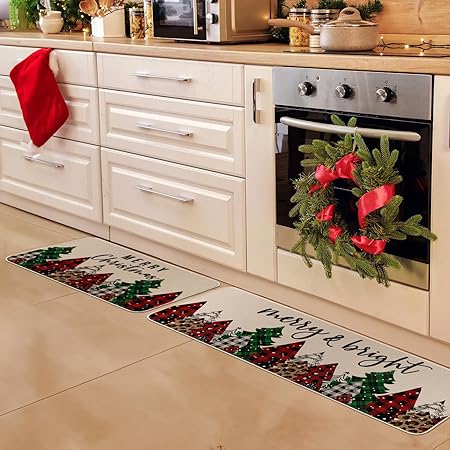 Anti-Slip Buffalo Plaid Merry Christmas Trees Kitchen Rugs Set of 2, White- 17x29 and 17x47 Inch