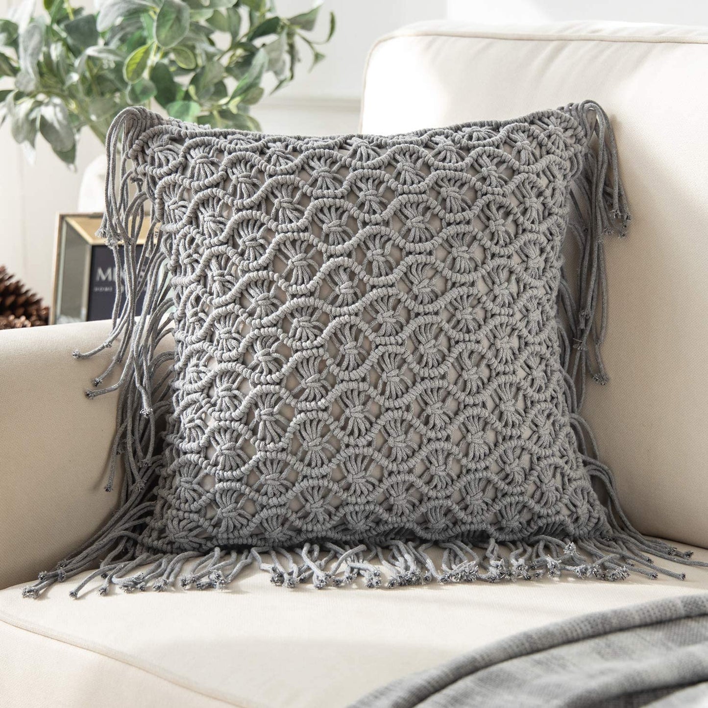 Handmade Crochet Woven Boho Throw Pillow with Tassels Cute Farmhouse Pillow Insert Included