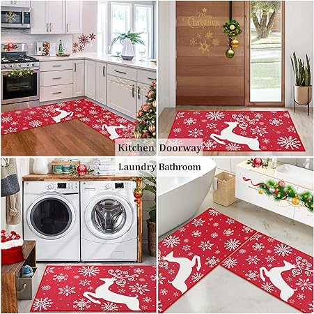 Non-Slip Decorative Xmas Holiday Snowflake and Christmas Deer Kitchen Mat 2 Pieces, 17"x29"+17"x47"