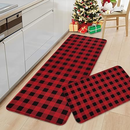 Non-Slip Washable Low-Profile Winter Xmas Buffalo Plaid Kitchen Mats Set of 2, 17"x47"+17" x30"