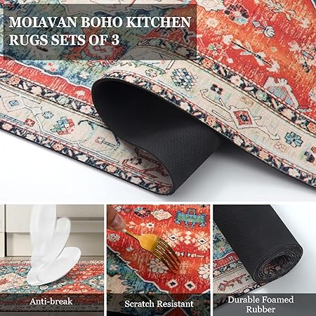 Boho Farmhouse Non Slip Washable Kitchen Area Rug Sets 3