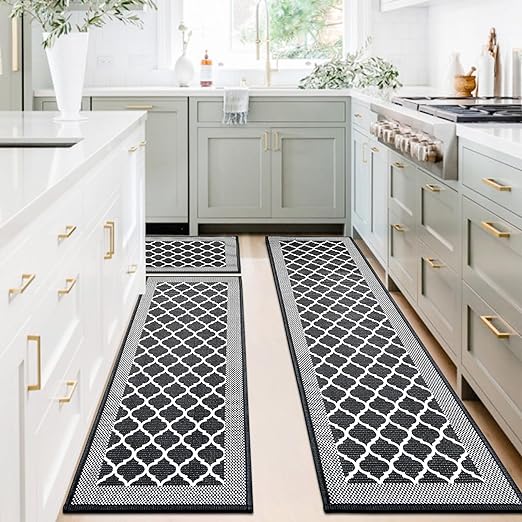 Absorbent Non Skid Washable Set of 3 PCS, Farmhouse Weave Floor Mats in Front of Sink, 17.3"x 59"+17.3"x 47"+17.3"x 29" (Black)