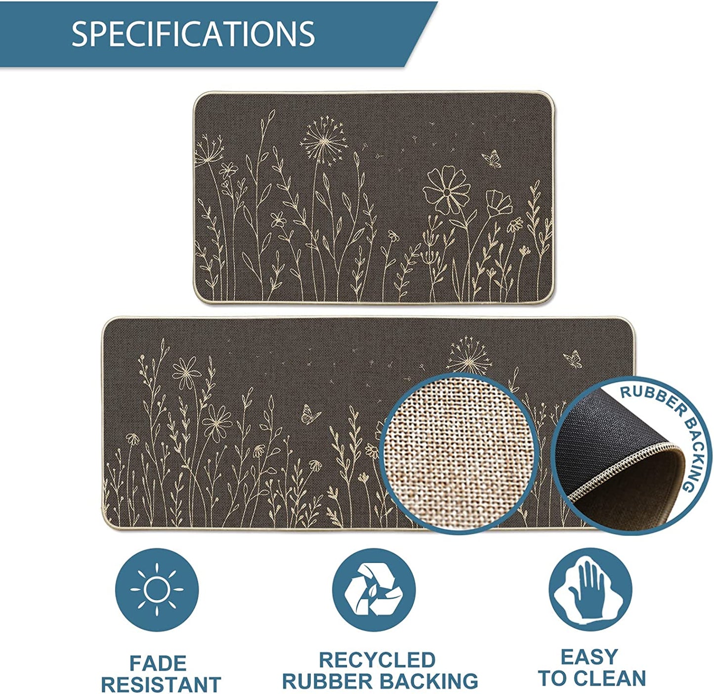 Set of 2 Black Dandelion Low-Profile Kitchen Rugs - 17x29 and 17x47 Inch