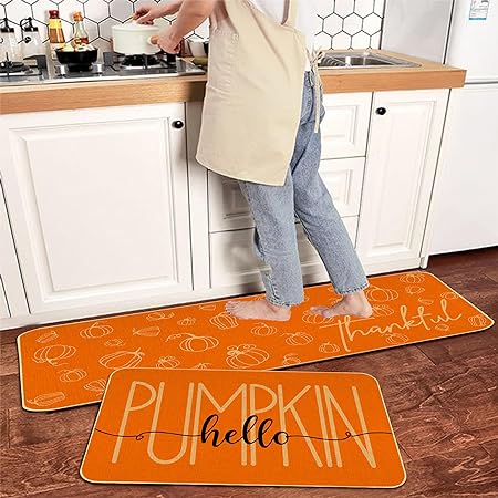 Orange Hello Pumpkin Thankful Fall Kitchen Mats Set of 2- 17x29 and 17x47 Inch