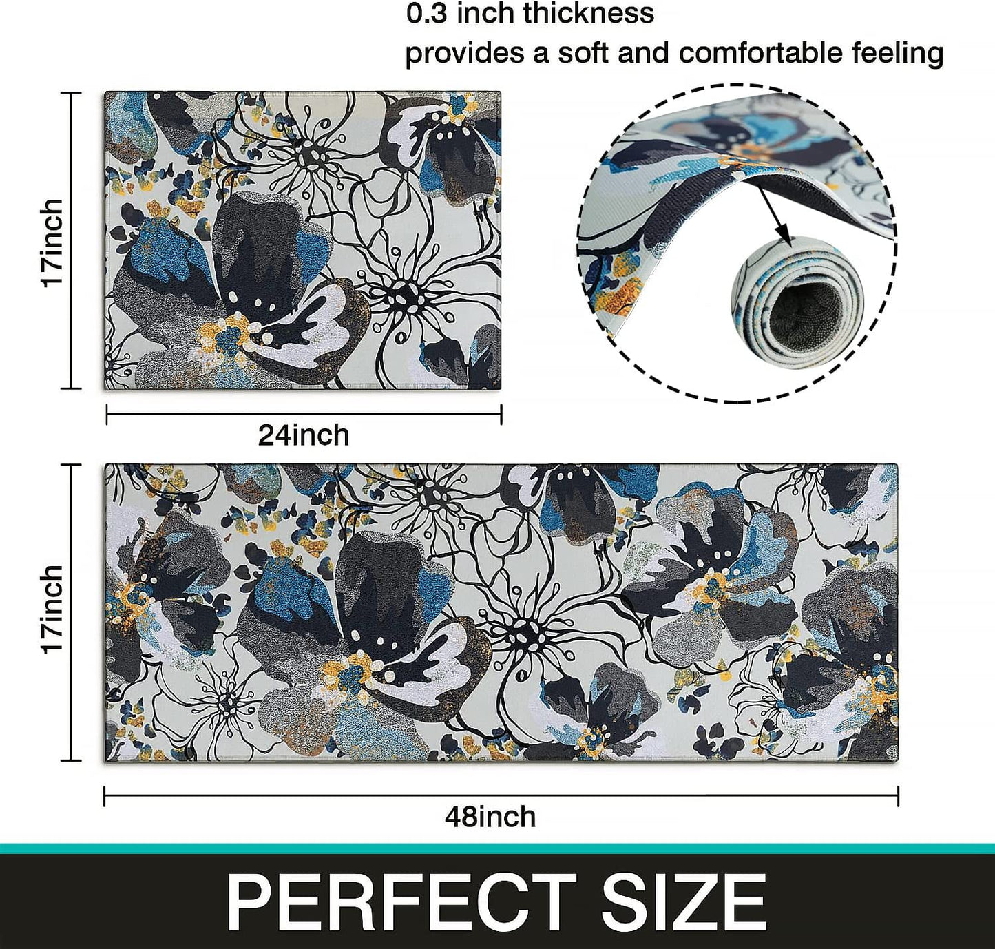 Anti Fatigue Non Slip Waterproof Washable Rug - 17x24+17x48inch Grey