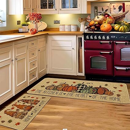 2 Piece Pumpkin Kitchen Mats Set The Kitchen is The Heart of The Home Non-Slip Rugs Home Sweet Home Decoration Doormat (17" x 29" + 17" x 47")