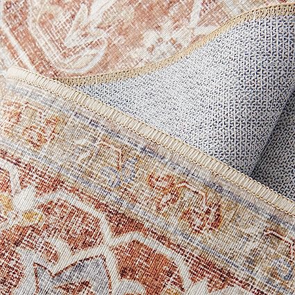 Persian Brick Red Vintage Foldable Thin Floral Print Floor Cover Retro Accent Rug