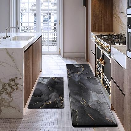 2 PCS Black Marble Waterproof Leather Runner Rug Non Slip Cushioned Standing Mat for Sink Laundry 17.3''x30''+17.3''x47''