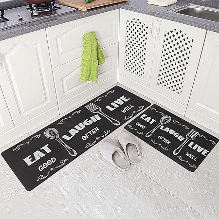 Non-Slip & Comfort Cushioned Waterproof Black Anti-Fatigue Kitchen Mat Set -2 Pieces,