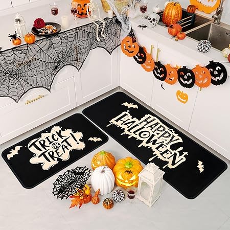 2 PCS Non Slip Halloween Decor Checkered Kitchen Floor Mats, 17x30 and 17x47 Inch