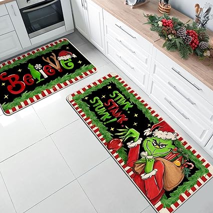 Set of 2, Xmas Gifts Stink Stank Stunk Green Kitchen Mats Decor, Red White Stripes Holiday Door Mat Home Decorations - 17x29 and 17x47 Inch