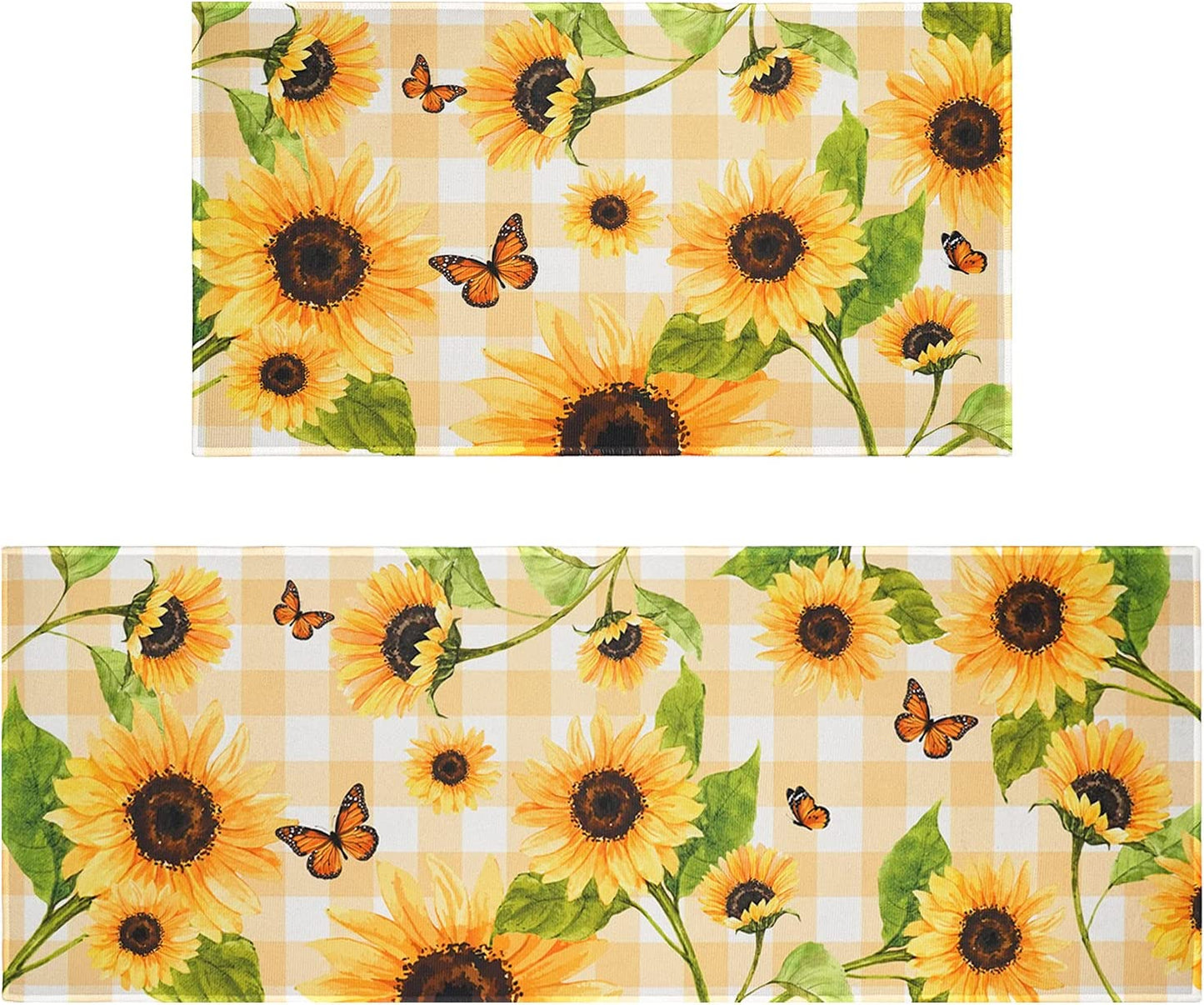 Set of 2- Plant Floral Butterfly Kitchen Rugs with Runner Decor Accessories Things - 17x30 and 17x48 Inch