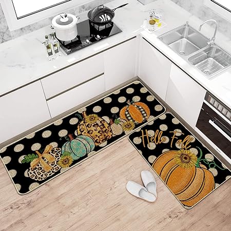 Autumn Harvest Polka Dots Leopard Pumpkin Thanksgiving Low-Profile Floor Mat 17x29 and 17x47 Inch