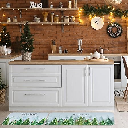 Non Slip Santa Claus Snow Gnome Low Profile Plaid Winter Decorative Christmas Rug 17x29 and 17x47 Inch