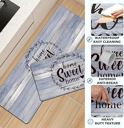 Set 2 Pieces,0.4 Inches Thick Non Slip Kitchen Rugs and Mats Teal Wood Cushioned Anti Fatigue Floor Mat Waterproof Comfort Standing Runner Sink Rug,17.3 x 28+17.3 x 47 Inch