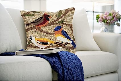 Frontporch Indoor/Outdoor Easy Care Invisible Zipper Hand Tufted Pillow- Birds Multi 18" x 18"